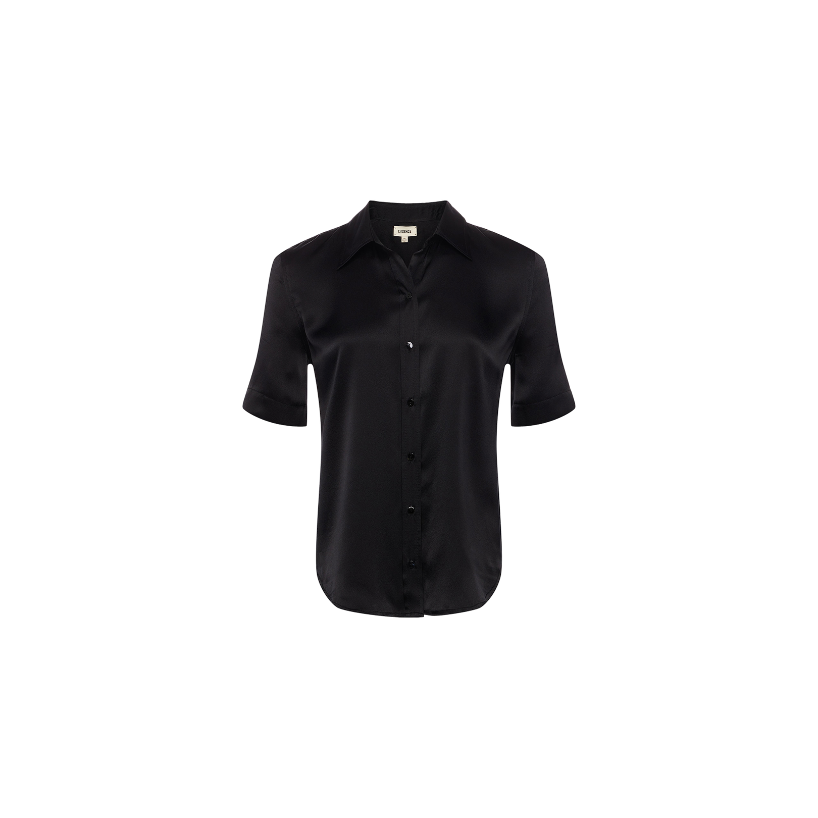 The Ellah Silk Blouse is a black, short-sleeve collared top crafted from luxurious silk and showcased against a plain white background—ideal for effortless summer style.