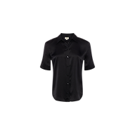 The Ellah Silk Blouse is a black, short-sleeve collared top crafted from luxurious silk and showcased against a plain white background—ideal for effortless summer style.