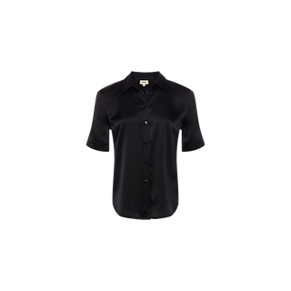 Ellah Silk Blouse—black short-sleeve top crafted from lustrous, smooth silk charmeuse—shown against a plain white background.