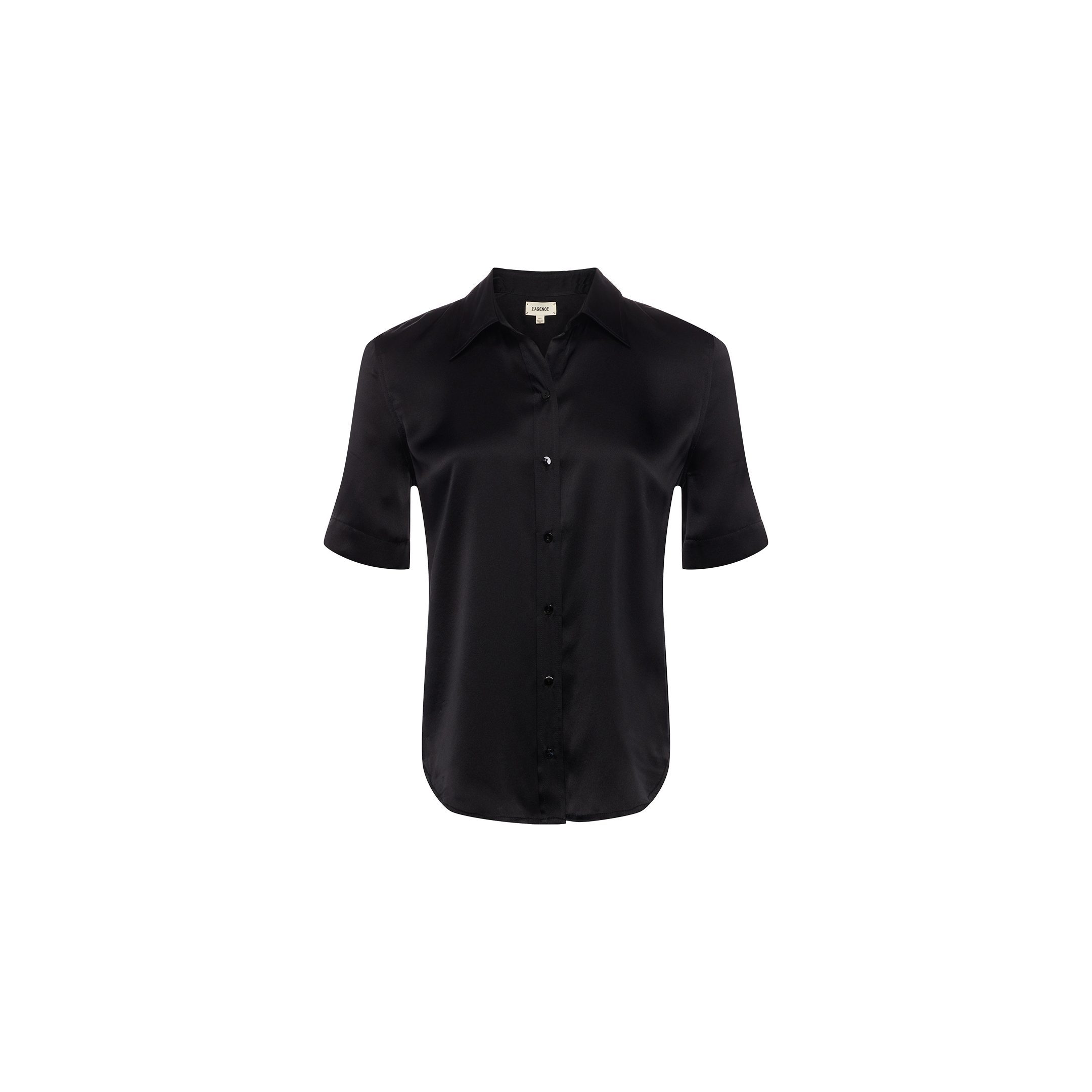 The Ellah Silk Blouse is a black, short-sleeve collared top crafted from luxurious silk and showcased against a plain white background—ideal for effortless summer style.