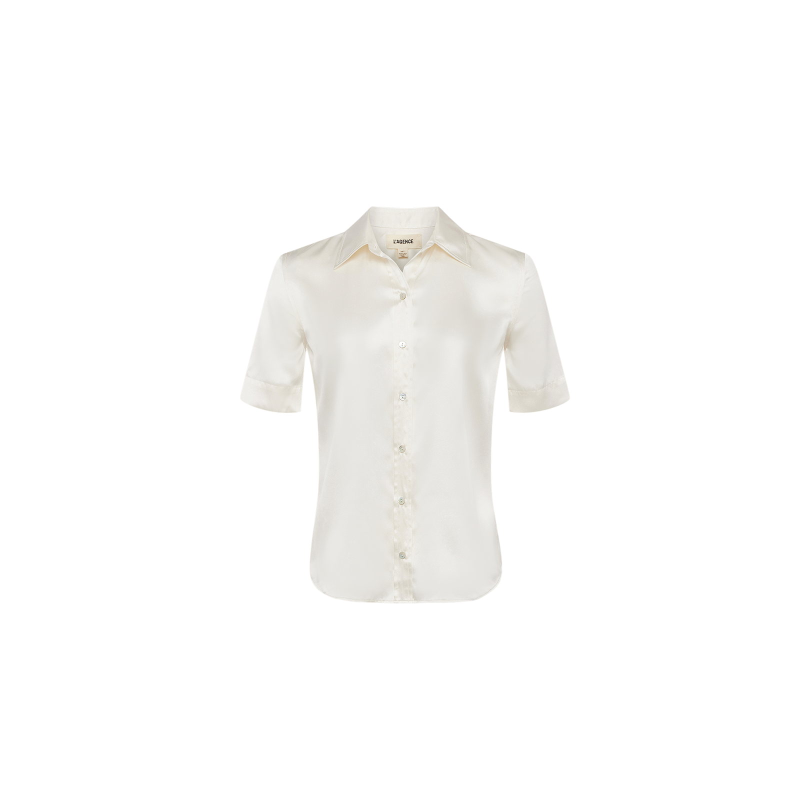 The Ellah Silk Blouse is a short-sleeve, button-up charmeuse top in off-white, shown against a plain white background.