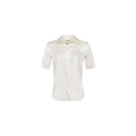 The Ellah Silk Blouse is a short-sleeve, button-up charmeuse top in off-white, shown against a plain white background.