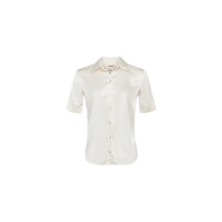 The Ellah Silk Blouse is a short-sleeve, button-up charmeuse satin shirt in off-white, displayed on a plain white background.