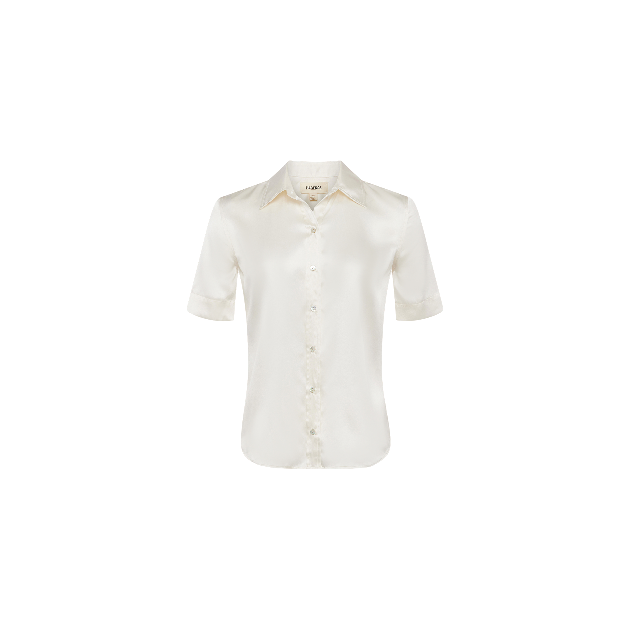 The Ellah Silk Blouse is a short-sleeve, button-up charmeuse top in off-white, shown against a plain white background.