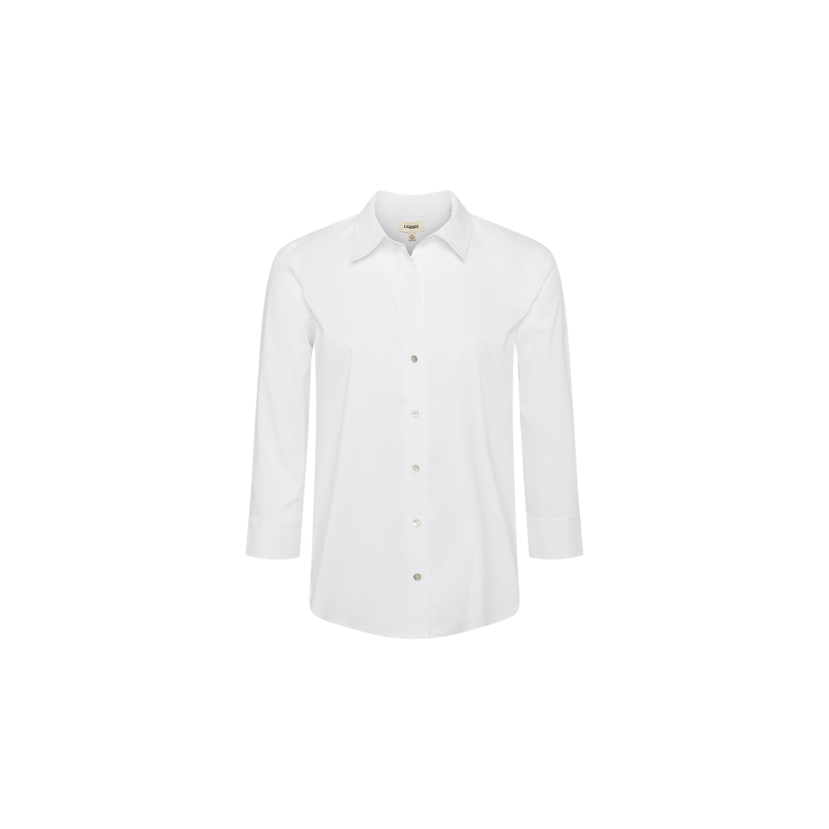 The Daniella Cotton-Blend Blouse is a long-sleeved, button-up shirt with a collar and relaxed fit, crafted from plain white stretch cotton poplin and displayed on a white background.