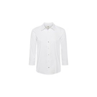 The Daniella Cotton-Blend Blouse is a long-sleeved, button-up shirt with a collar and relaxed fit, crafted from plain white stretch cotton poplin and displayed on a white background.