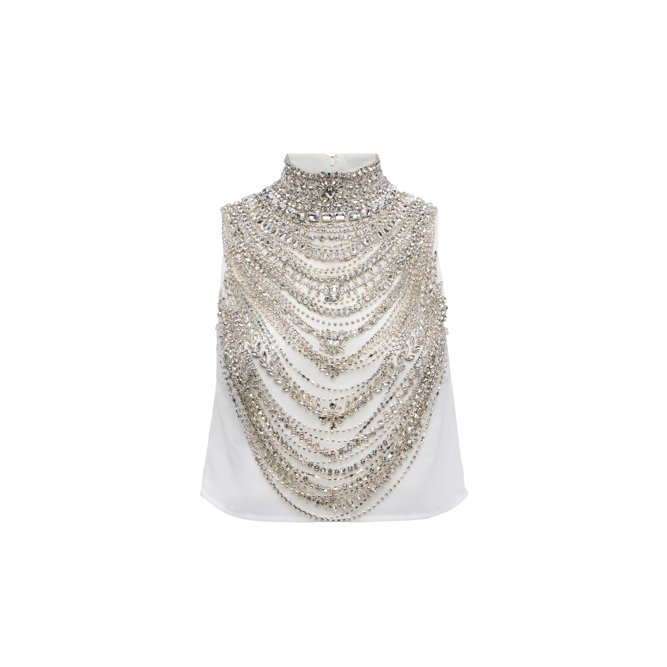 Yun Draped Crystal Tank in ivory features multiple layers of silver chains draped across the front and around the high neckline, creating a striking, statement look.