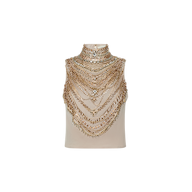 Yun Crystal Tank in beige with a high-neck, sleeveless cut, featuring layered gold chains and crystal embellishments covering the chest.