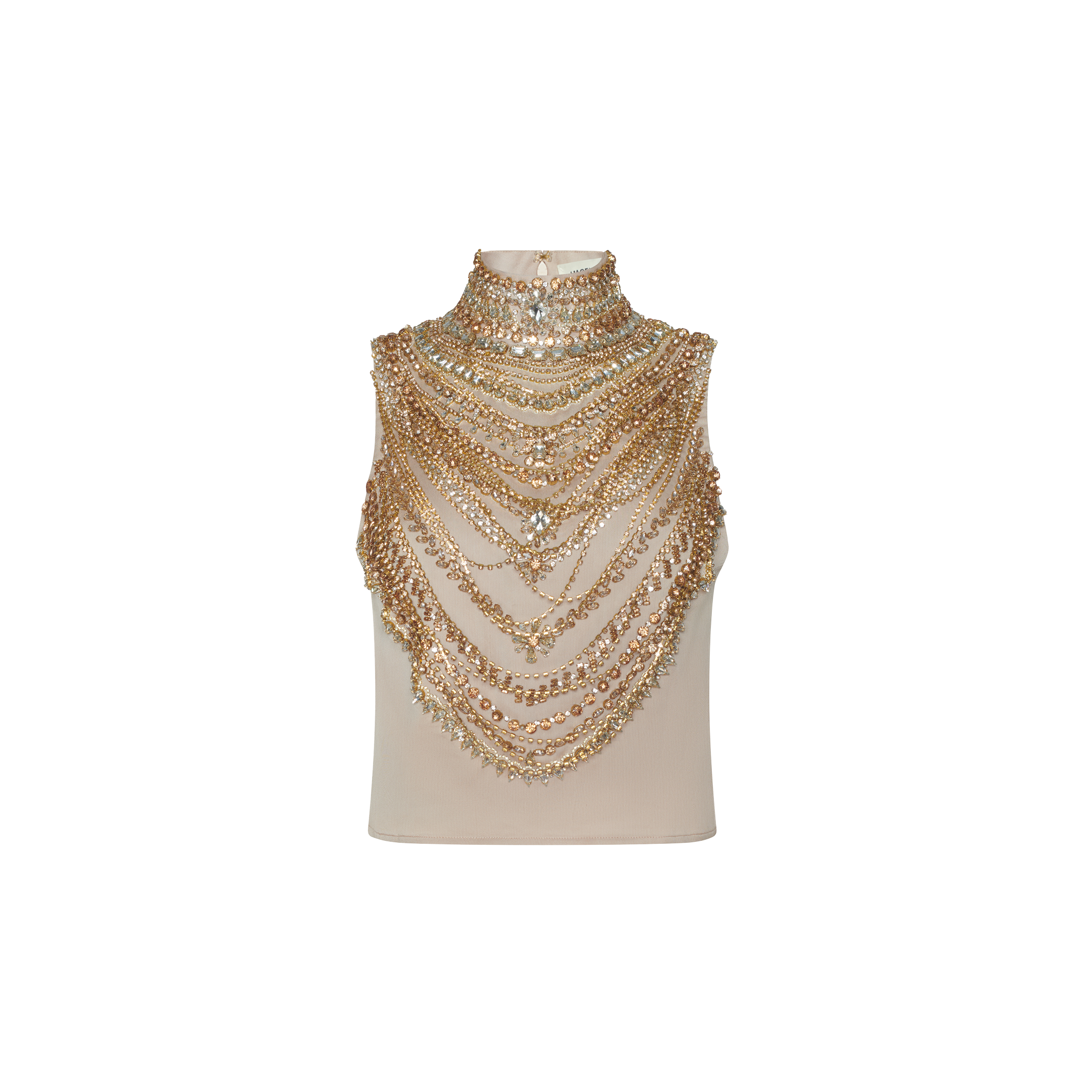 Yun Crystal Tank in beige with a high-neck, sleeveless cut, featuring layered gold chains and crystal embellishments covering the chest.