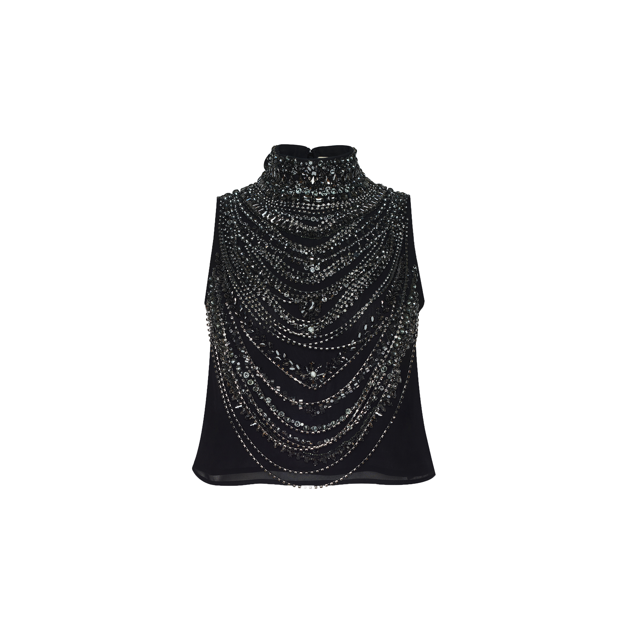 The Yun Draped Crystal Tank is a sleeveless black top, lavishly embellished with layered, sparkling crystal chains that drape across the front and form a high, jeweled neckline. This striking evening piece stands out as a true statement against a plain white background.