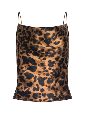 The Calista Silk Camisole by L'AGENCE is a sleeveless, cropped top featuring thin spaghetti straps and an all-over brown and black leopard print.