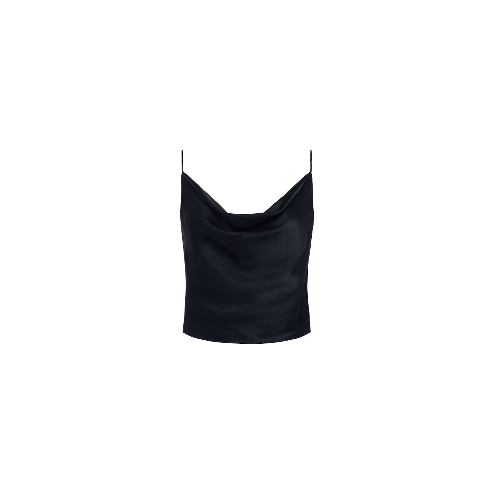 The Calista Silk Camisole—a black charmeuse top featuring thin spaghetti straps and a draped cowl neck—is displayed against a plain white background.