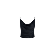 The Calista Silk Camisole—a black charmeuse top featuring thin spaghetti straps and a draped cowl neck—is displayed against a plain white background.