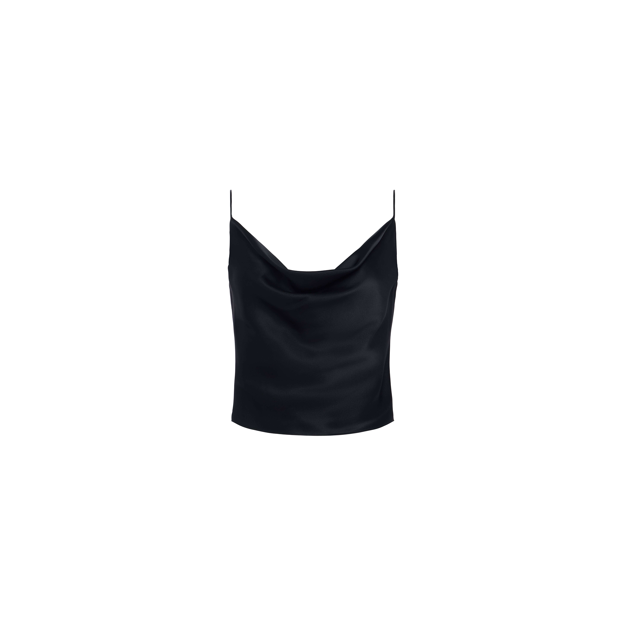 The Calista Silk Camisole—a black charmeuse top featuring thin spaghetti straps and a draped cowl neck—is displayed against a plain white background.