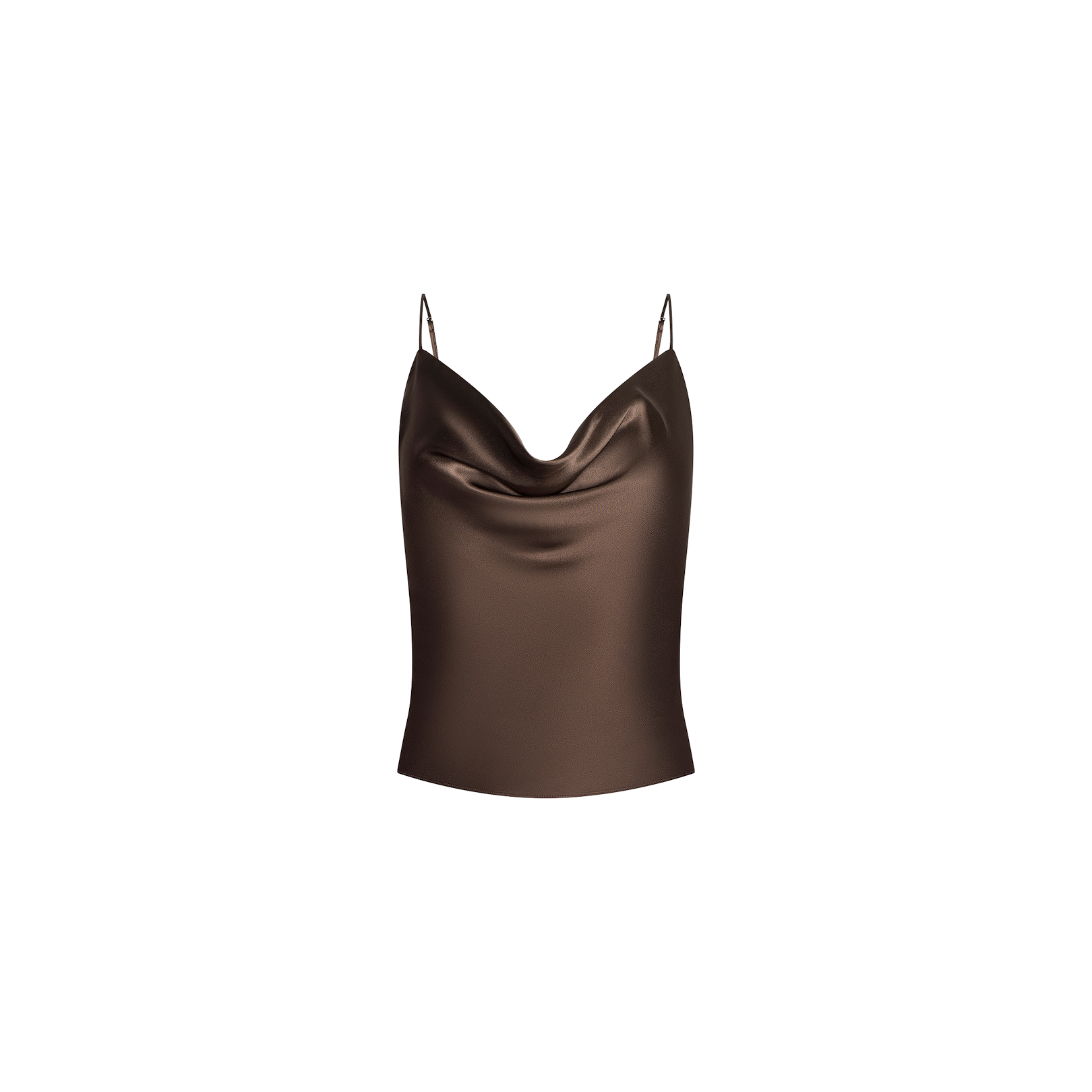 The Calista Silk Camisole is a brown bias-cut top featuring thin spaghetti straps and a draped cowl neckline, shown against a plain white background.