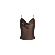 The Calista Silk Camisole is a brown bias-cut top featuring thin spaghetti straps and a draped cowl neckline, shown against a plain white background.