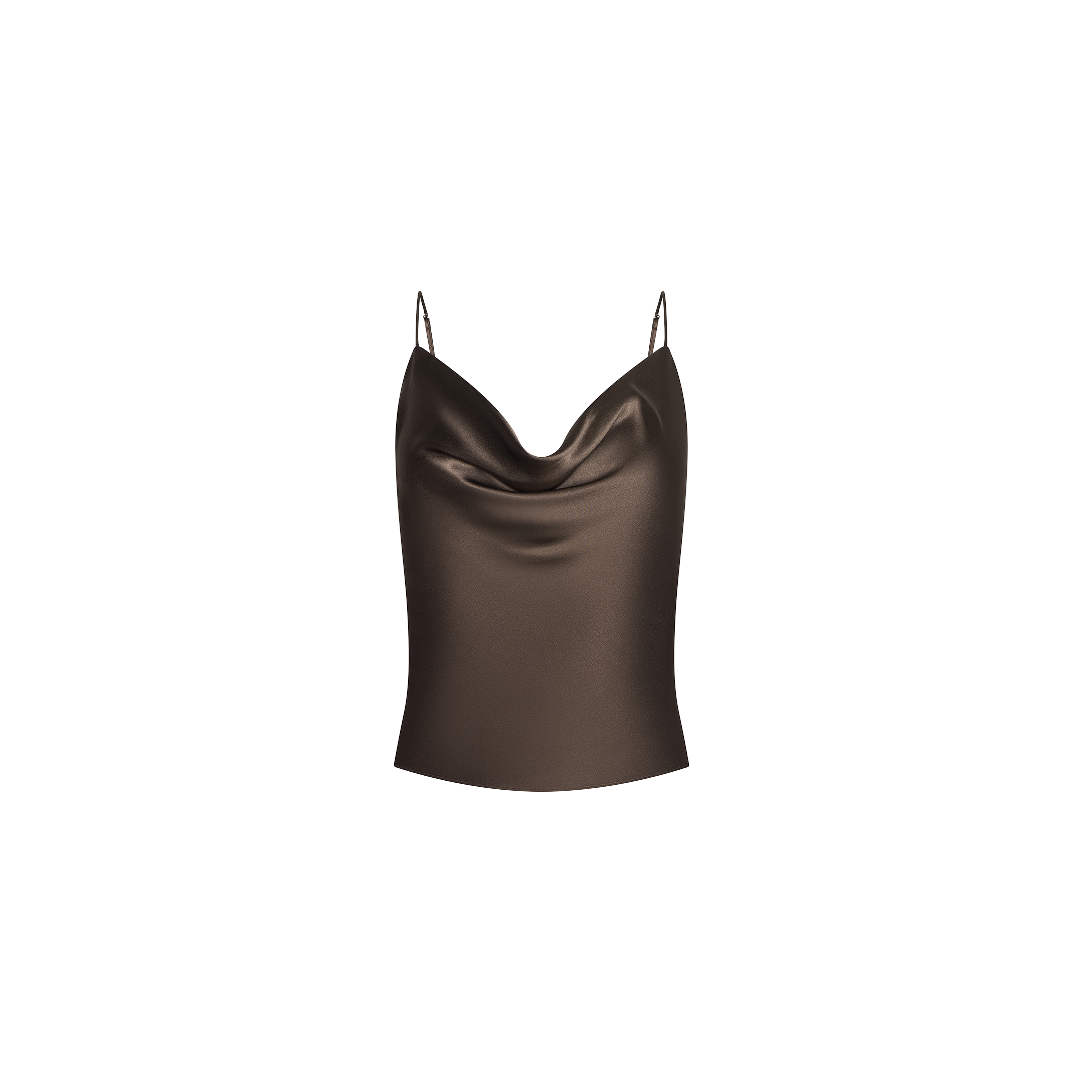 The Calista Silk Camisole is a brown bias-cut top featuring thin spaghetti straps and a draped cowl neckline, shown against a plain white background.