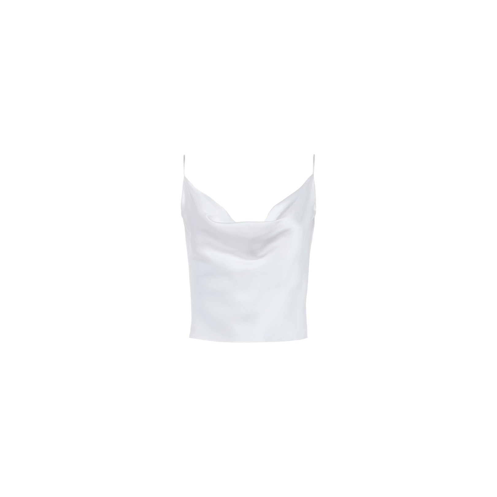 The Calista Silk Camisole, crafted from white silk charmeuse with thin spaghetti straps and a weighted cowl neck, is shown against a plain white background.