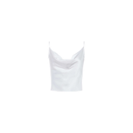 The Calista Silk Camisole, crafted from white silk charmeuse with thin spaghetti straps and a weighted cowl neck, is shown against a plain white background.