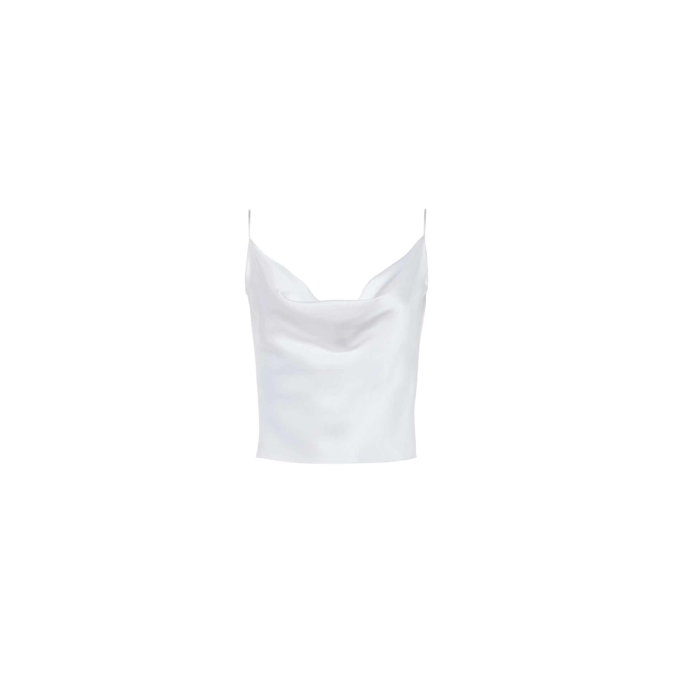 The Calista Silk Camisole, crafted from white silk charmeuse with thin spaghetti straps and a weighted cowl neck, is shown against a plain white background.