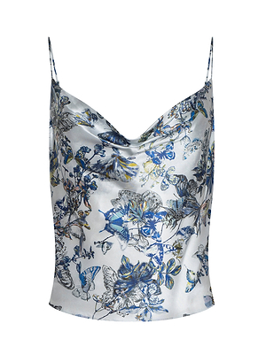 The Calista Silk Camisole features thin straps, a cowl neckline, and a blue, yellow, and gray floral butterfly print on white silk.