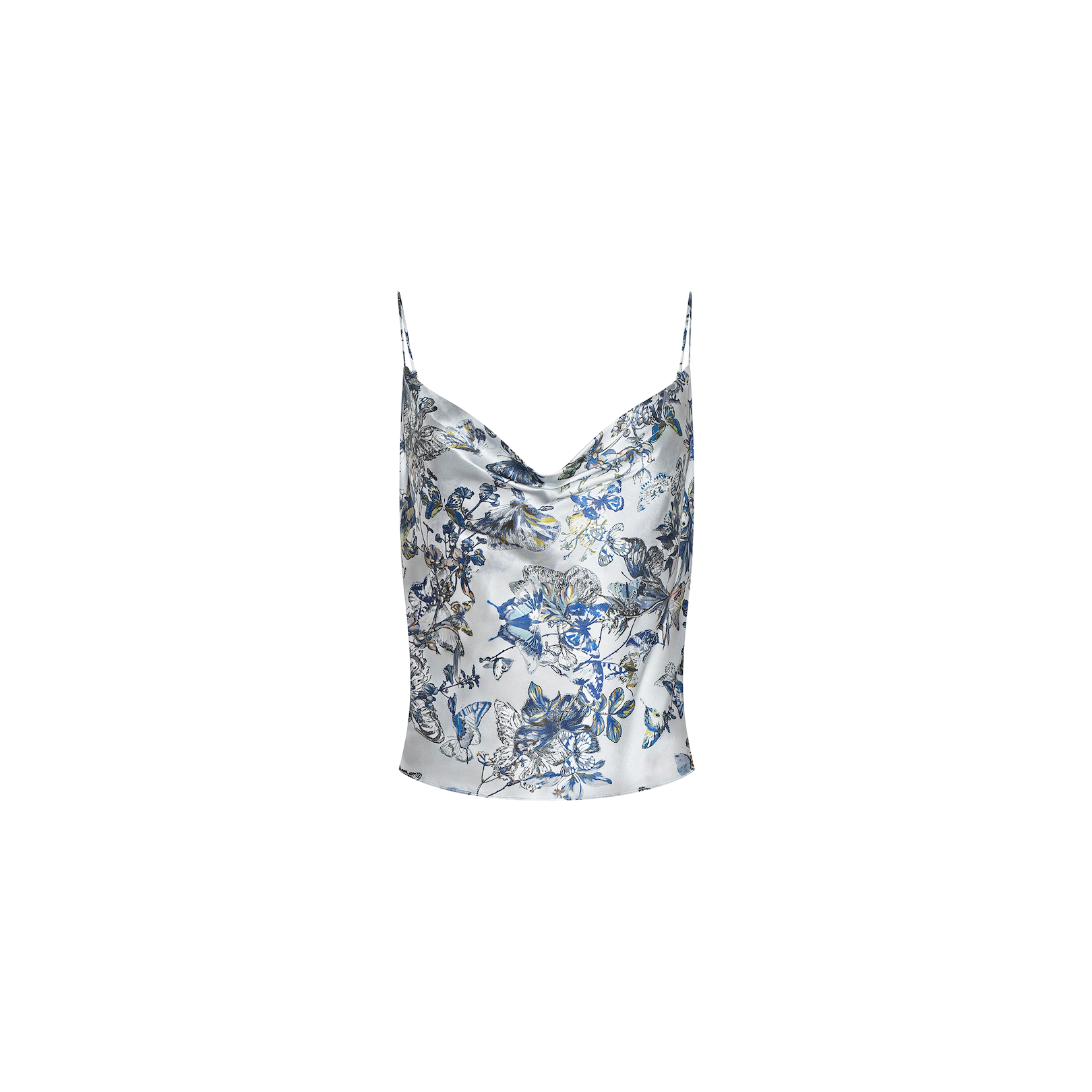 The Calista Silk Camisole features thin straps and a silky fabric adorned with a blue butterfly print and delicate white florals on a light background, displayed on a plain white surface.