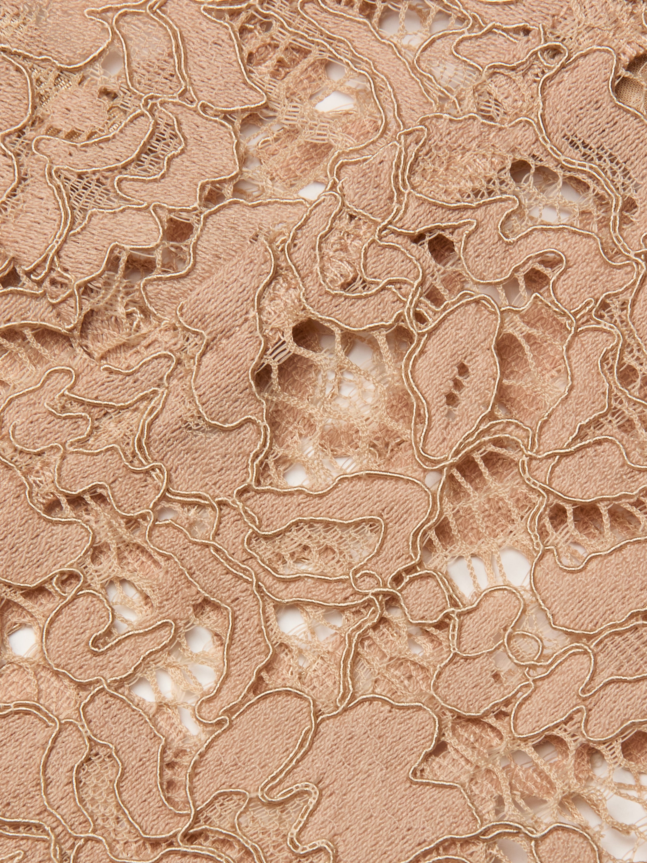 Close-up of the Aislin Lace Bralette featuring beige sheer stretch lace with intricate, swirling patterns and textured embroidery, subtly revealing the white lining beneath through its open design.