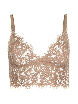 The Aislin Lace Bralette is a beige, semi-sheer bralette with a floral lace design, adjustable straps, and delicate scalloped edges at the neckline and hem.