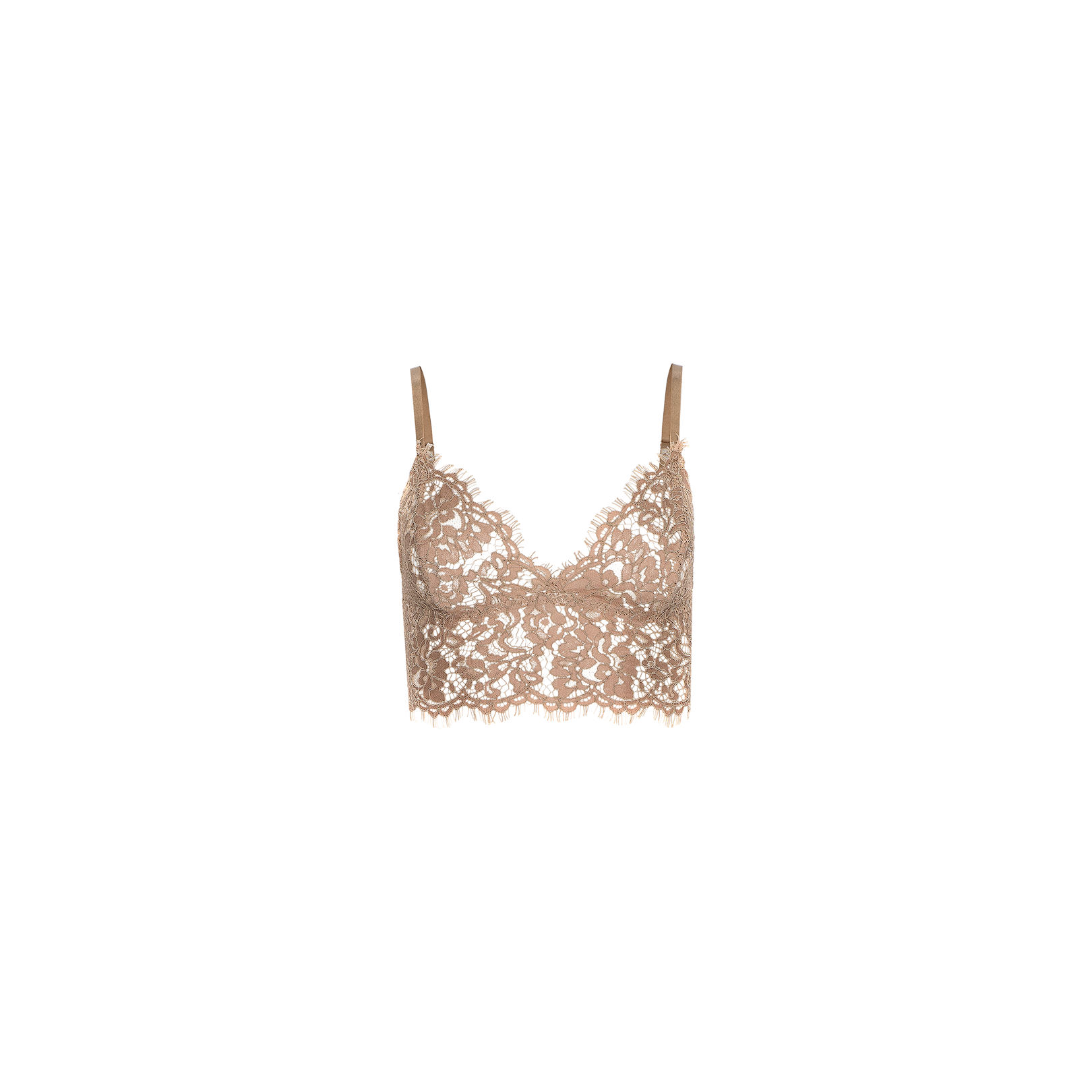 The Aislin Lace Bralette is showcased against a plain white background, featuring thin adjustable straps, a beige floral sheer stretch lace design, and delicate scalloped edges.