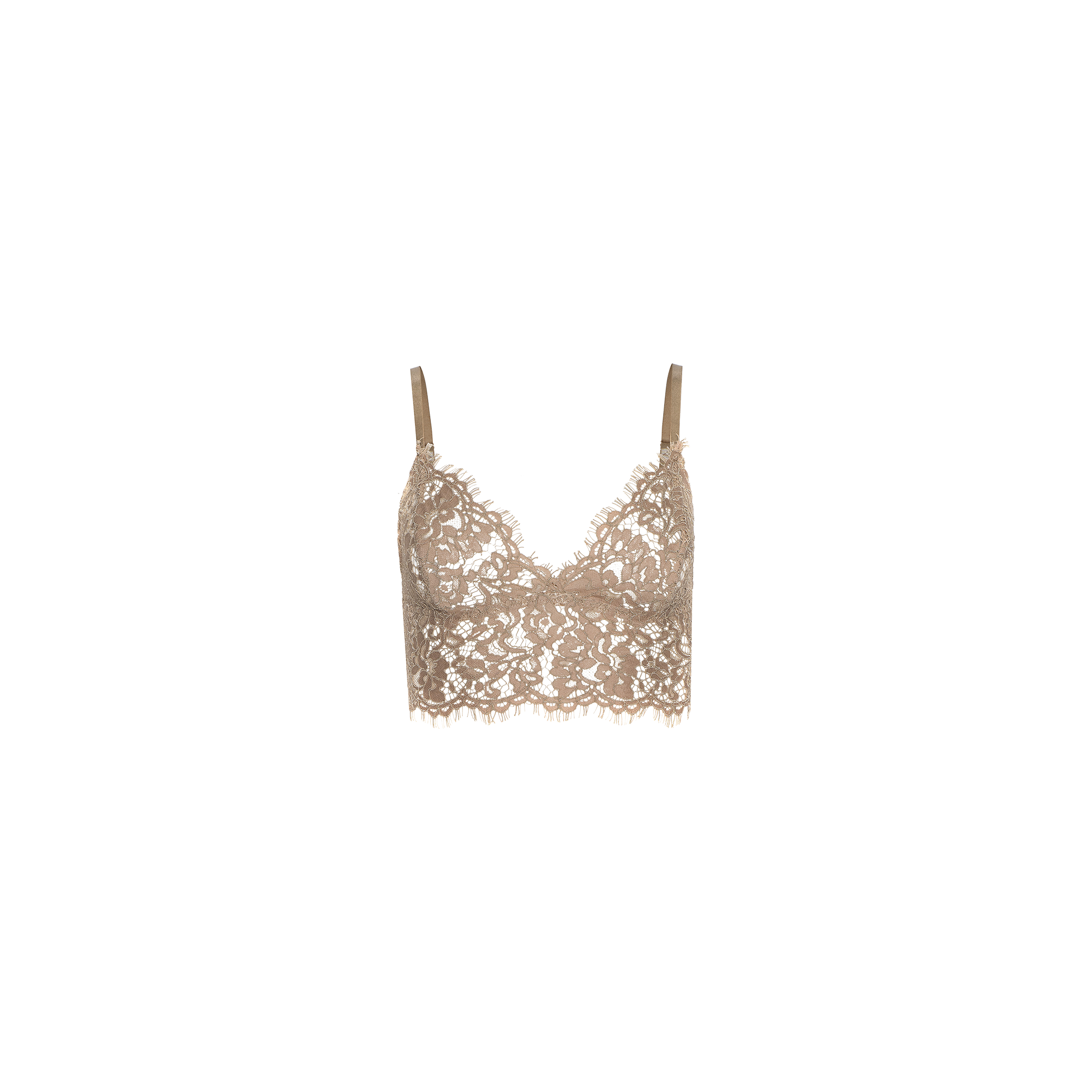 The Aislin Lace Bralette is showcased against a plain white background, featuring thin adjustable straps, a beige floral sheer stretch lace design, and delicate scalloped edges.