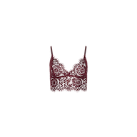 Aislin Lace Bralette in dark red sheer stretch lace with thin adjustable straps and scalloped edges.