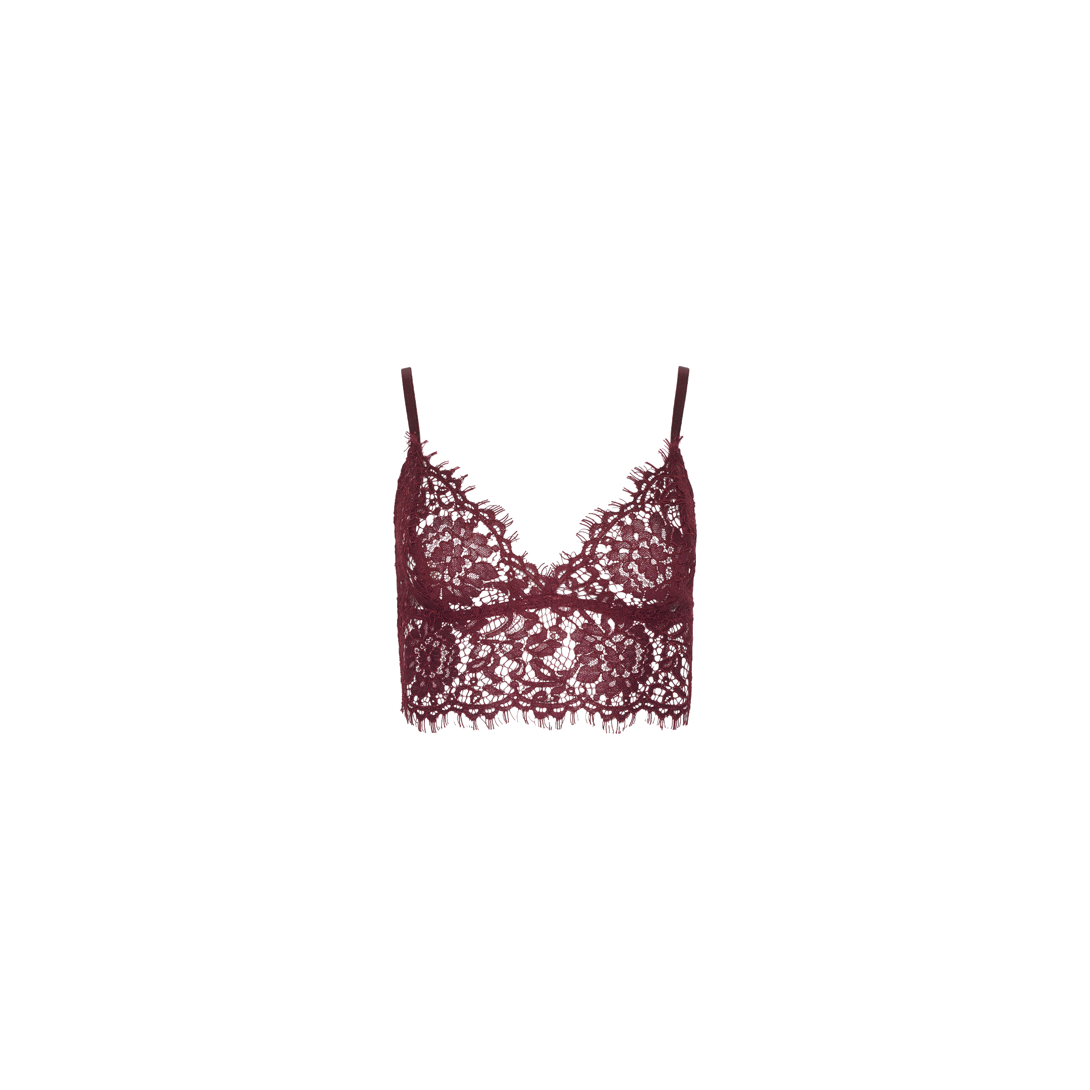 Aislin Lace Bralette in dark red sheer stretch lace with thin adjustable straps and scalloped edges.