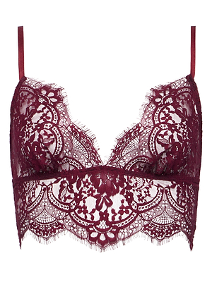 The Aislin Lace Bralette by L'AGENCE features intricate maroon floral chantilly lace, sheer unlined fabric, scalloped edges, and adjustable straps, shown against a white background.