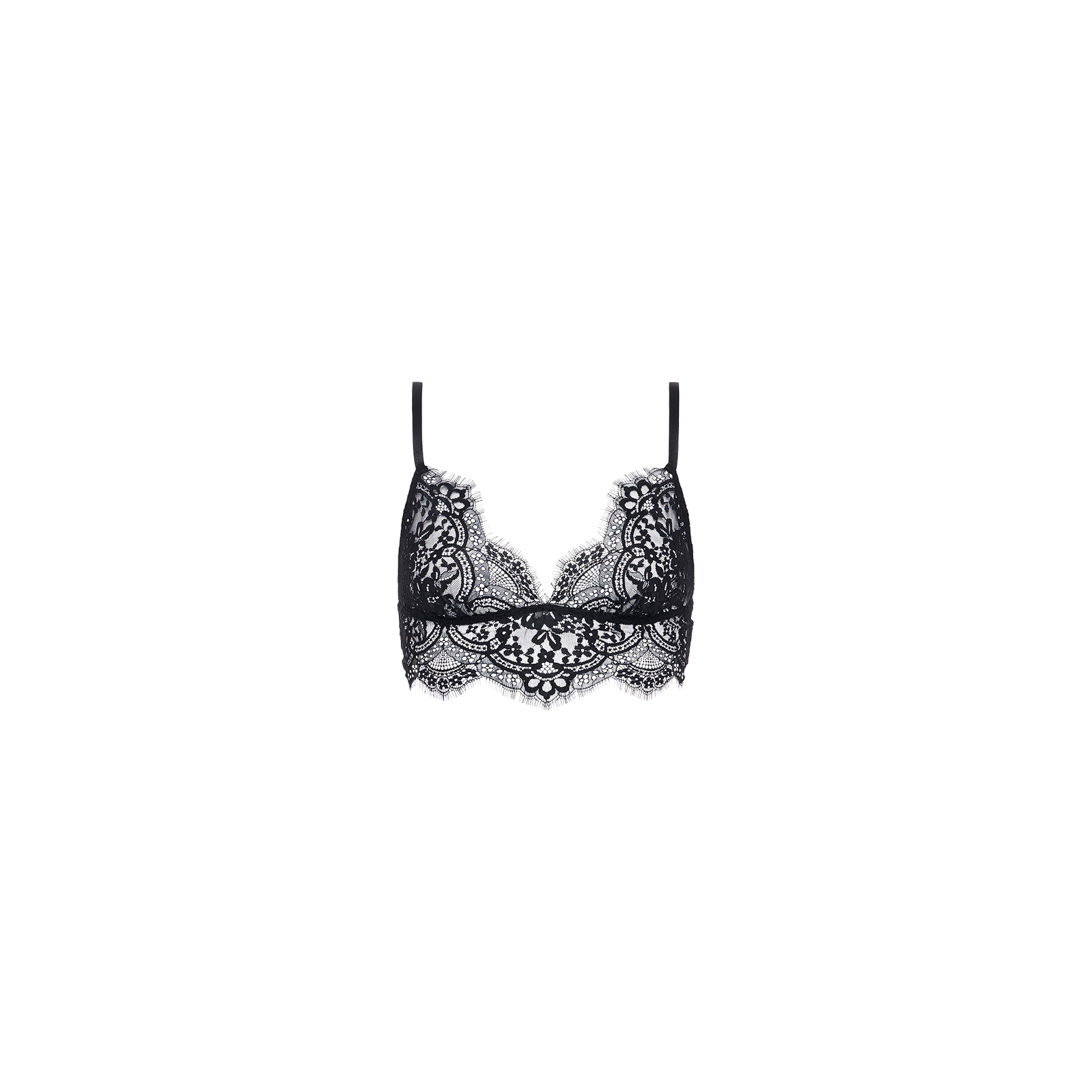 The Aislin Lace Bralette features thin adjustable straps and intricate floral patterns, crafted from sheer stretch lace with delicate scalloped edges, set against a plain white background.