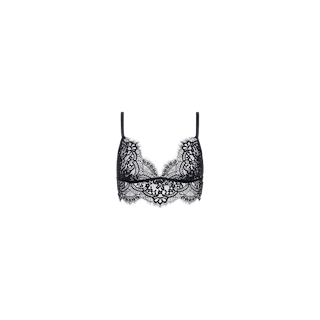 The Aislin Lace Bralette features a sheer design with thin adjustable straps and an intricate floral lace pattern, finished with delicate scalloped edges, and is displayed against a plain white background.