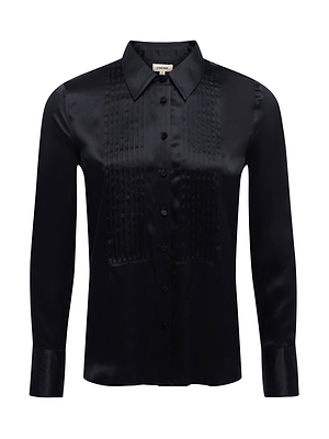 The Divya Silk Shirt by L'AGENCE is a black charmeuse shirt with a collar.