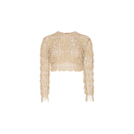 The Rogan Pearl Fringe Top is a beige, mesh long sleeve semi-sheer cropped party top with intricate lace detailing and scalloped edges, displayed against a plain white background.