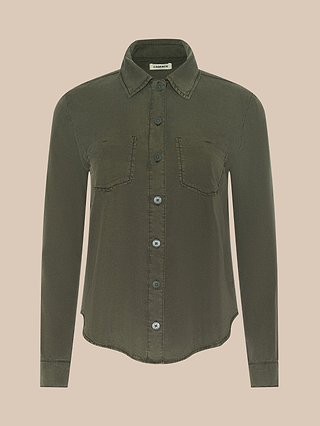 The Isla Shirt is an olive green, long-sleeve button-down crafted from featherweight twill, featuring two chest pockets, a classic L’AGENCE collared design, and a curved hem—shown against a light beige background.