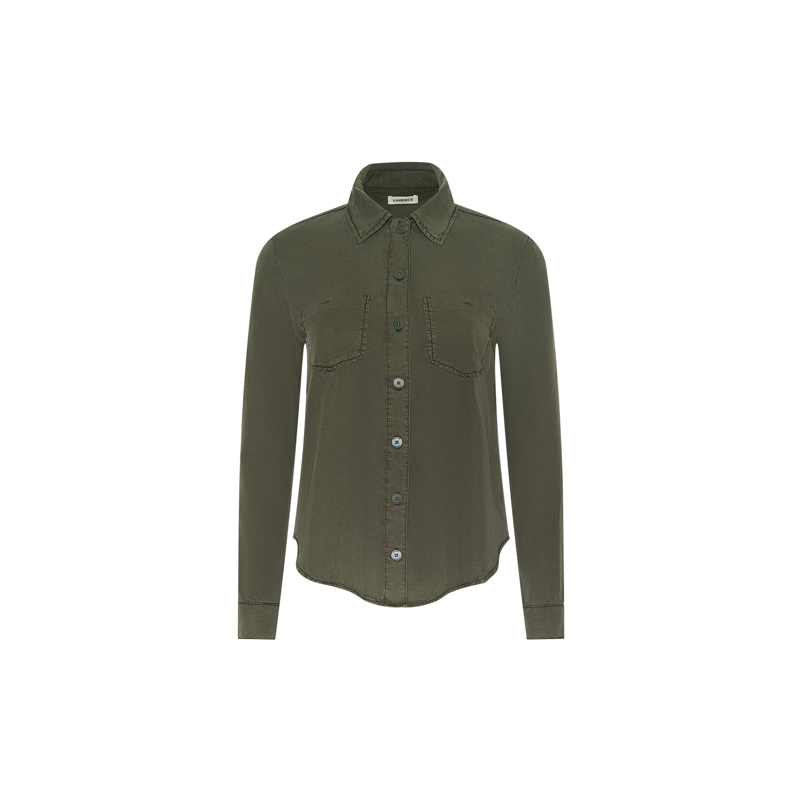 The Isla Shirt is an olive green featherweight twill long-sleeve button-up collared shirt featuring two chest pockets, a classic collar, and visible seam details, displayed on a plain white background.