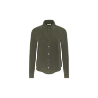 Isla Shirt in olive green featherweight twill, featuring long sleeves, a collared neckline, two chest pockets, and visible stitching, displayed on a white background.