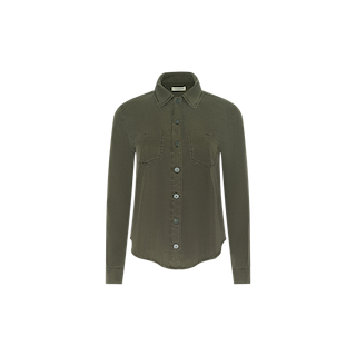 The Isla Shirt is an olive green featherweight twill long-sleeve button-up collared shirt featuring two chest pockets, a classic collar, and visible seam details, displayed on a plain white background.