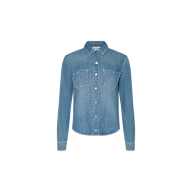 The Isla Shirt is a featherweight denim button-up in light blue, featuring long sleeves, two front chest pockets, and a pointed collar, displayed on a plain white background.