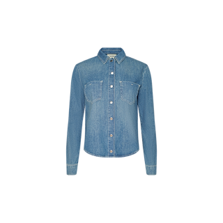 The Isla Shirt is a blue denim long-sleeve shirt made from featherweight denim, featuring a button-down front, two chest pockets, and a classic collar, displayed against a plain white background.