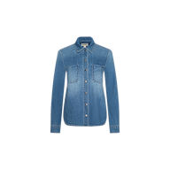 Front view of the Isla Shirt by L’AGENCE, a long-sleeve lightweight denim shirt featuring a collar, button-down front, and two chest pockets in an aged indigo wash, displayed on a plain white background.