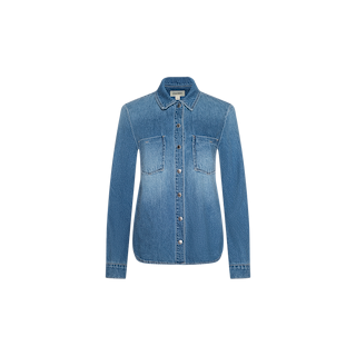 Introducing the Isla Shirt—a lightweight, long-sleeve denim button-up in an aged indigo wash, detailed with two chest pockets and photographed against a crisp white background. Effortlessly channel the laid-back style spotted at Spring 2026 NYFW with this versatile piece.