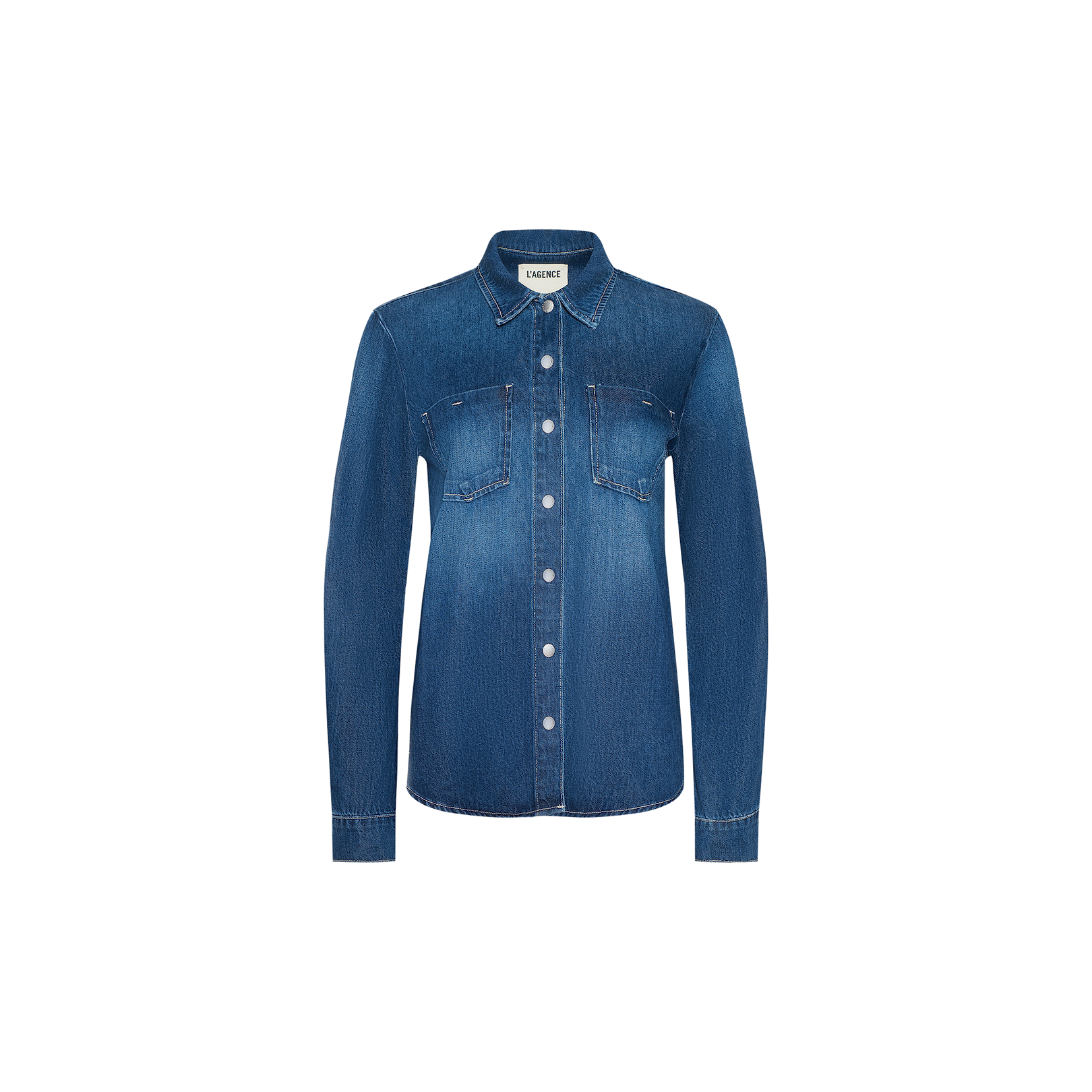The Isla Shirt is a long-sleeve, button-up denim shirt made from featherweight denim in a medium-dark wash, featuring two chest pockets and displayed against a plain white background.