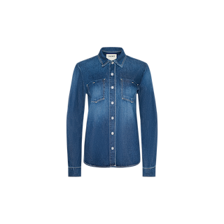 The Isla Shirt is a long-sleeve, button-up denim shirt made from featherweight denim in a medium-dark wash, featuring two chest pockets and displayed against a plain white background.