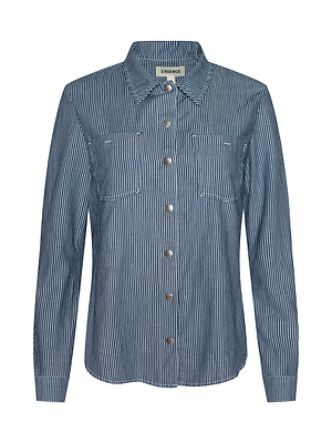 The Isla Shirt by LAGENCE is a blue and white indigo pinstripe button-up with long sleeves, two chest pockets, a collar, and is crafted from featherweight denim.