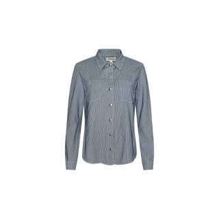 The Isla Shirt is a blue and white vertically striped long-sleeve button-up, featuring two chest pockets in a classic indigo pinstripe style, displayed on a plain white background.