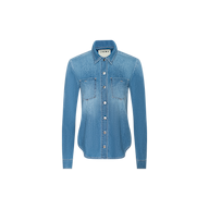 The Isla Shirt is a long-sleeved, light blue vintage wash denim shirt featuring two chest pockets and a collar, displayed on a plain white background.